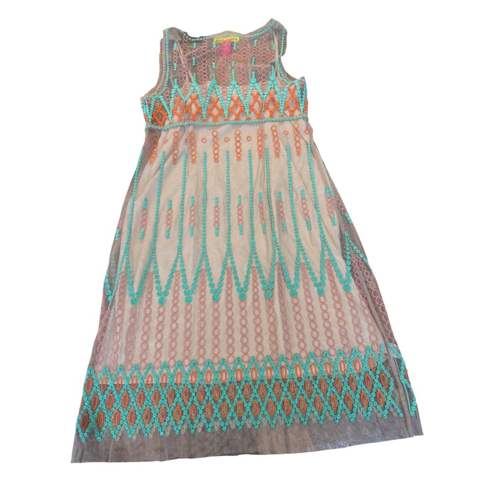 Catherine Malandrino womens' sz 6 mesh embroidered sleeveless sheath dress beige